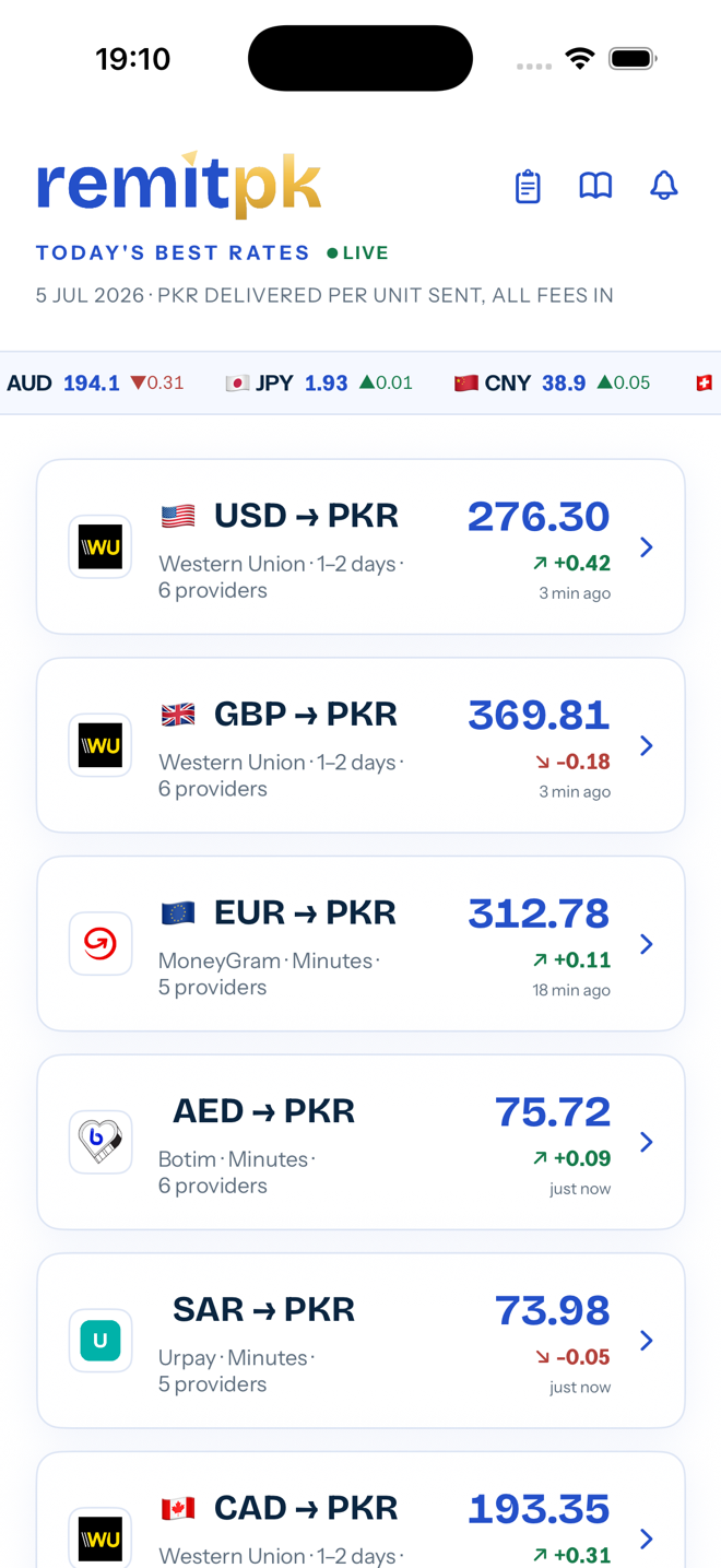 RemitPK live rate board on iPhone